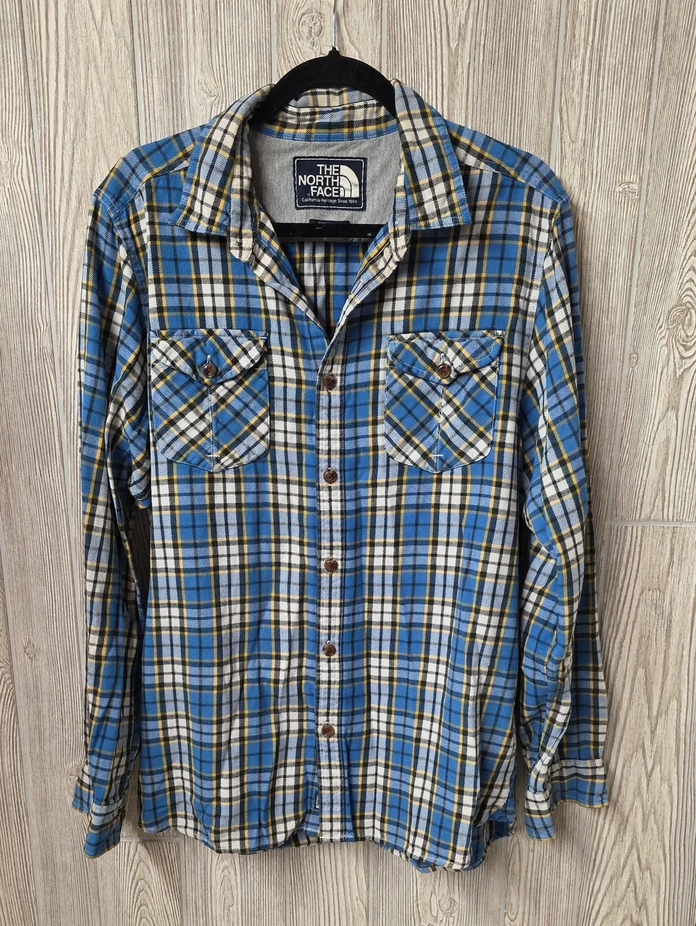 The North Face Blue/White/Yellow Plaid Flannel Button Up Shirt Mens Size Large